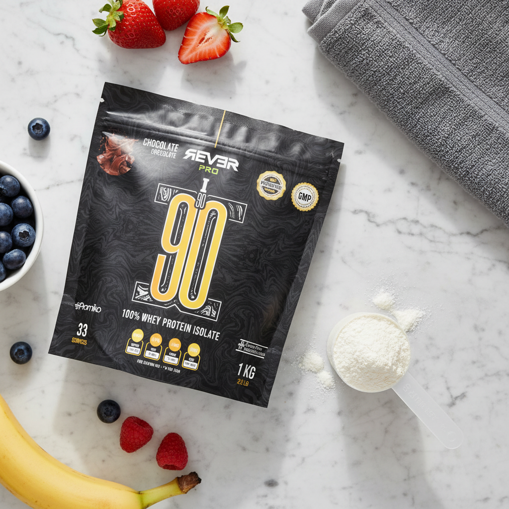 Rever Pro Iso 90 lifestyle flat lay con frutas y mármol