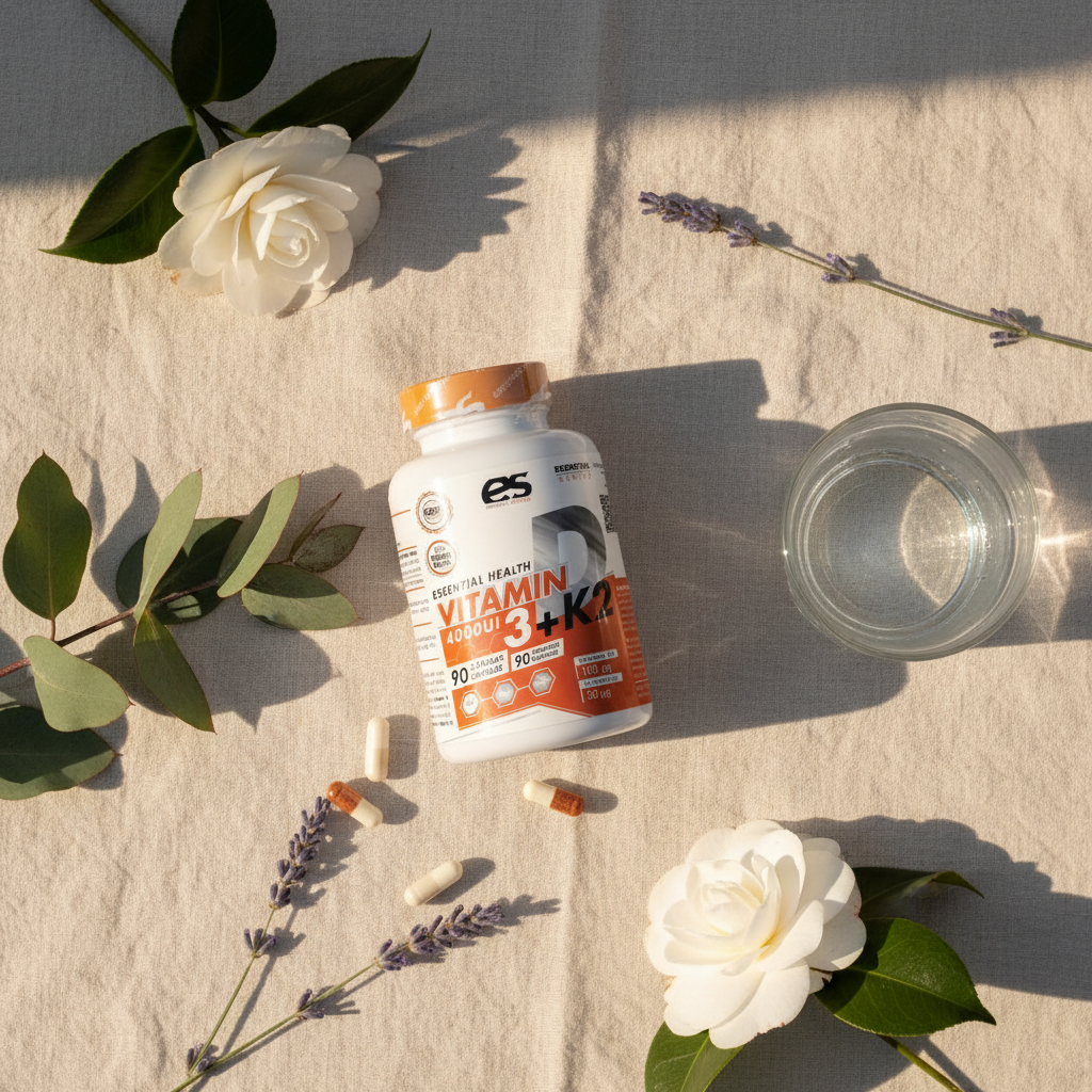 Vitamina D3 K2 lifestyle flat lay femenino