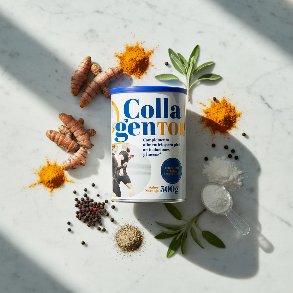 Collagen Top sobre mármol con ingredientes naturales