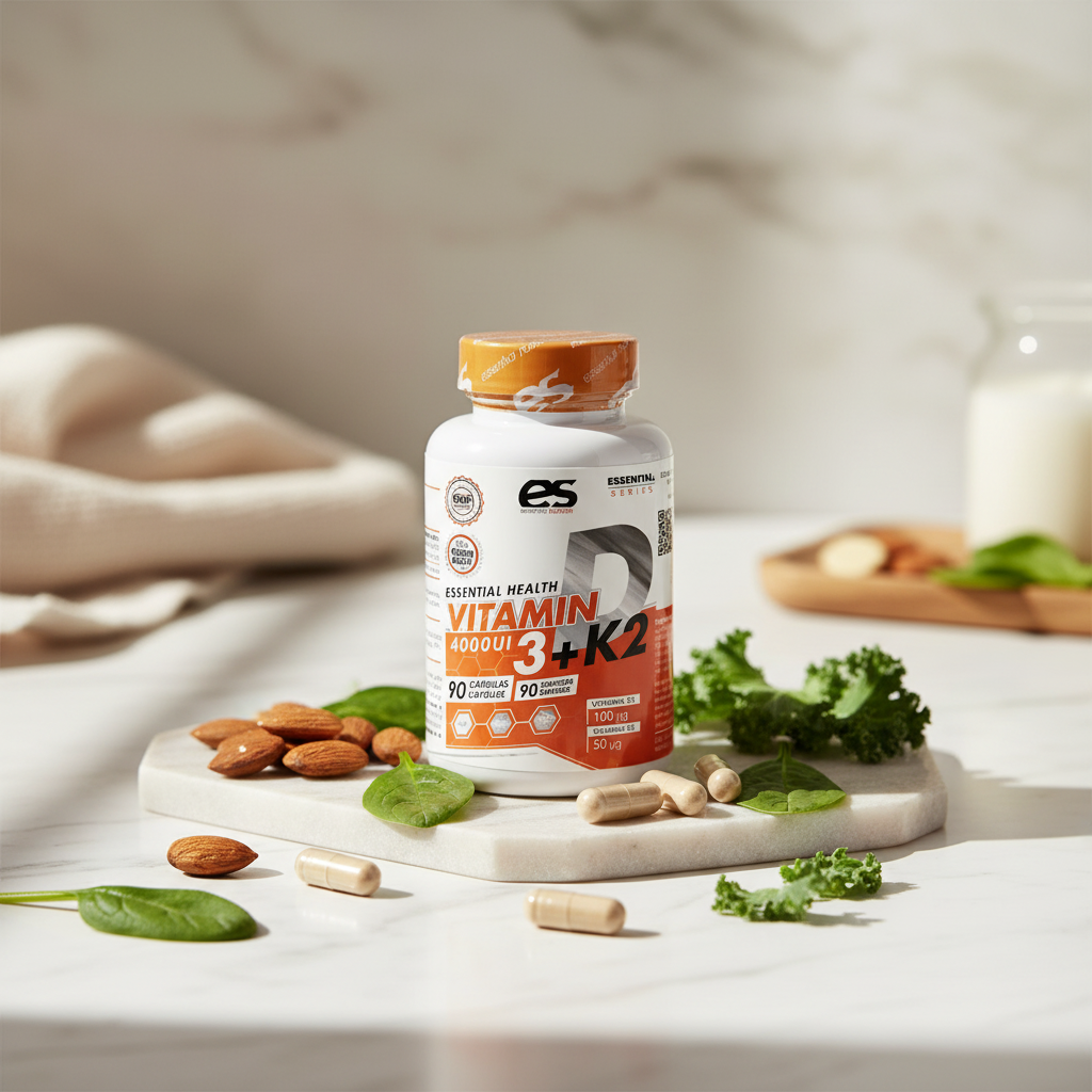 Vitamina D3 K2 sobre mármol con luz natural
